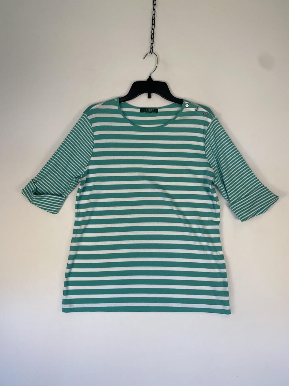 Lauren Ralph Lauren T-shirt Womens Large Green Stripe 3/4 Sleeve Button Shoulder